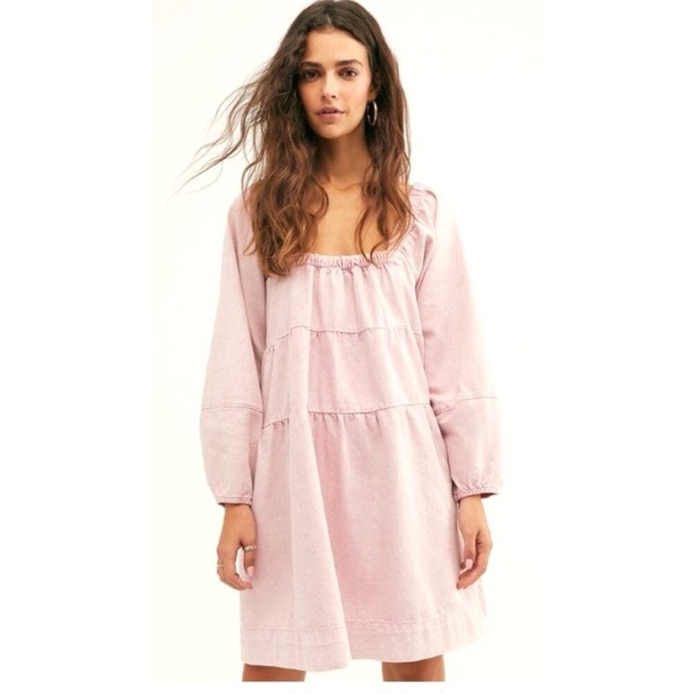 Free People lou jean Pink denim jeans dress tiered cowgirl western Small